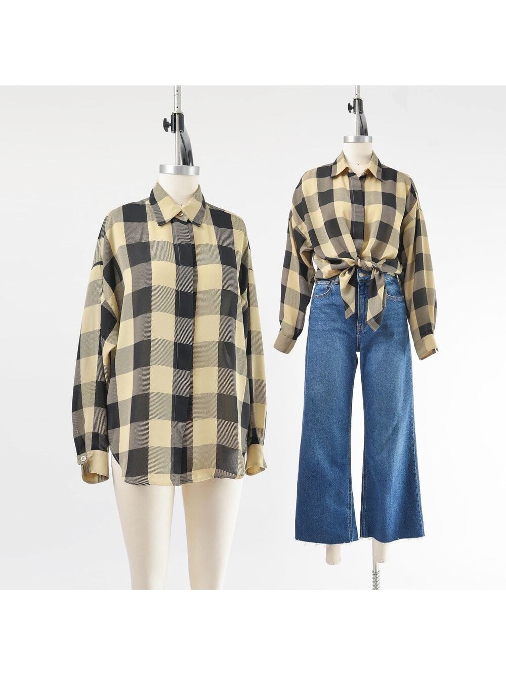 Vintage 90s Buffalo Check Blouse Tan Black Semi Sheer Collared Button Up S M